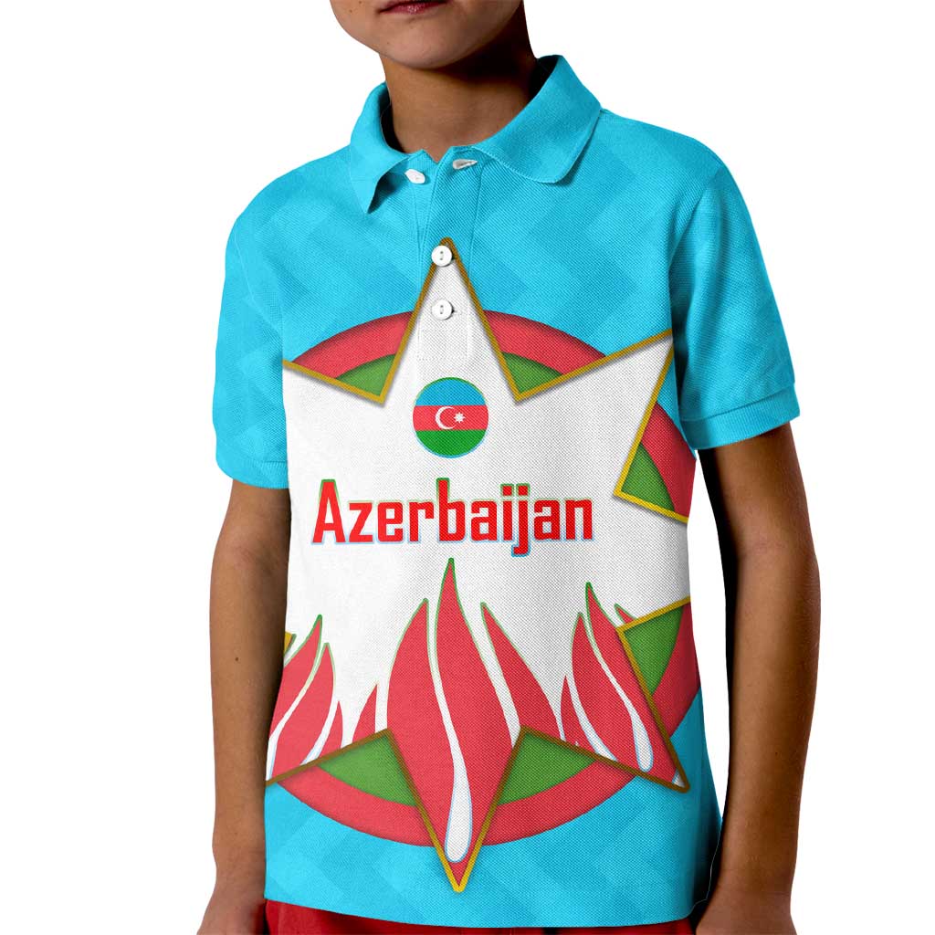 Azerbaijan National Emblem Kid Polo Shirt with Star and Flame Design in Sky Blue