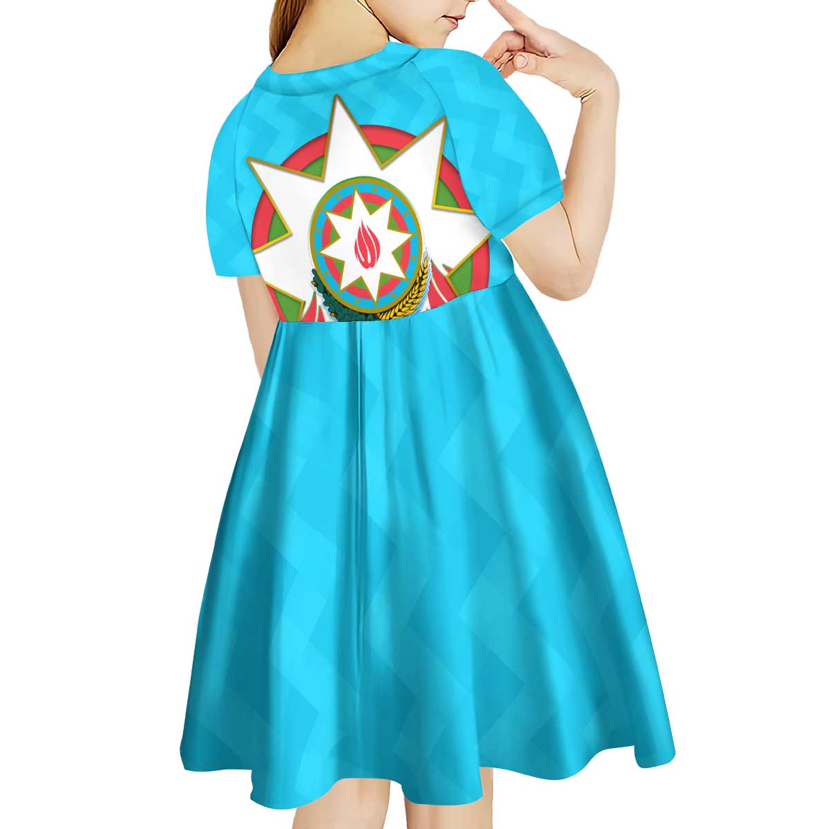 Azerbaijan National Emblem Kid Short Sleeve Dress with Star and Flame Design in Sky Blue