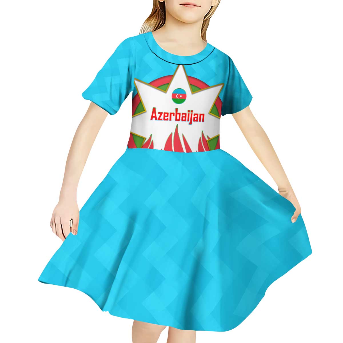 Azerbaijan National Emblem Kid Short Sleeve Dress with Star and Flame Design in Sky Blue