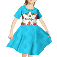 Azerbaijan National Emblem Kid Short Sleeve Dress with Star and Flame Design in Sky Blue