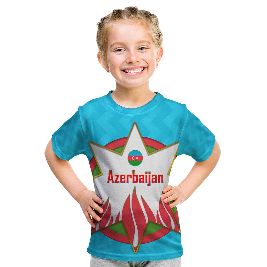 Azerbaijan National Emblem Kid T Shirt with Star and Flame Design in Sky Blue