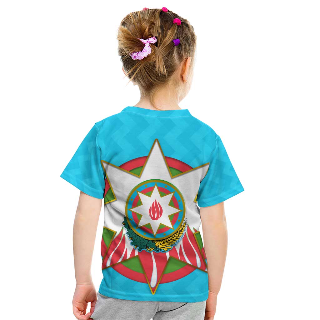 Azerbaijan National Emblem Kid T Shirt with Star and Flame Design in Sky Blue