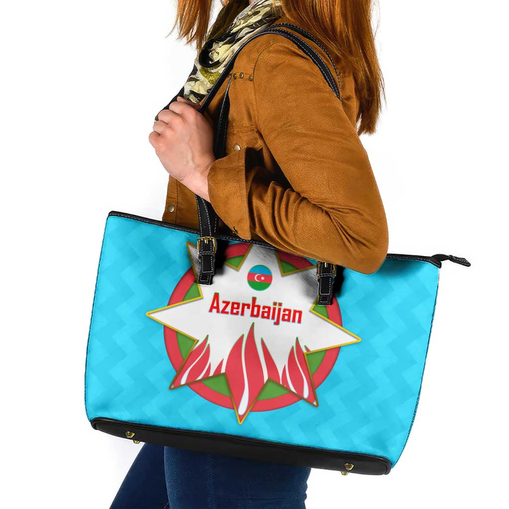 Azerbaijan National Emblem Leather Tote Bag with Star and Flame Design in Sky Blue