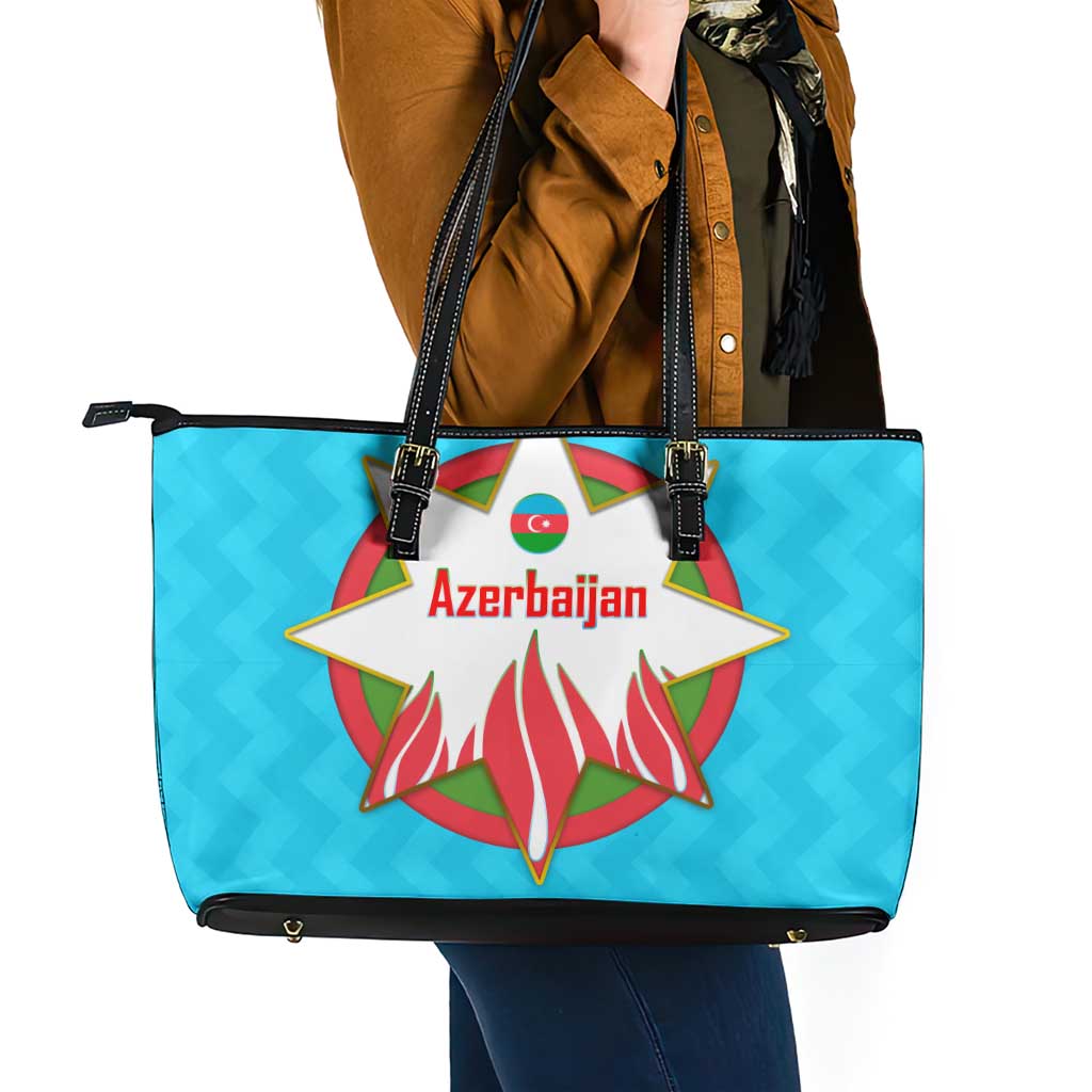 Azerbaijan National Emblem Leather Tote Bag with Star and Flame Design in Sky Blue