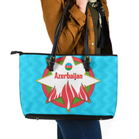 Azerbaijan National Emblem Leather Tote Bag with Star and Flame Design in Sky Blue