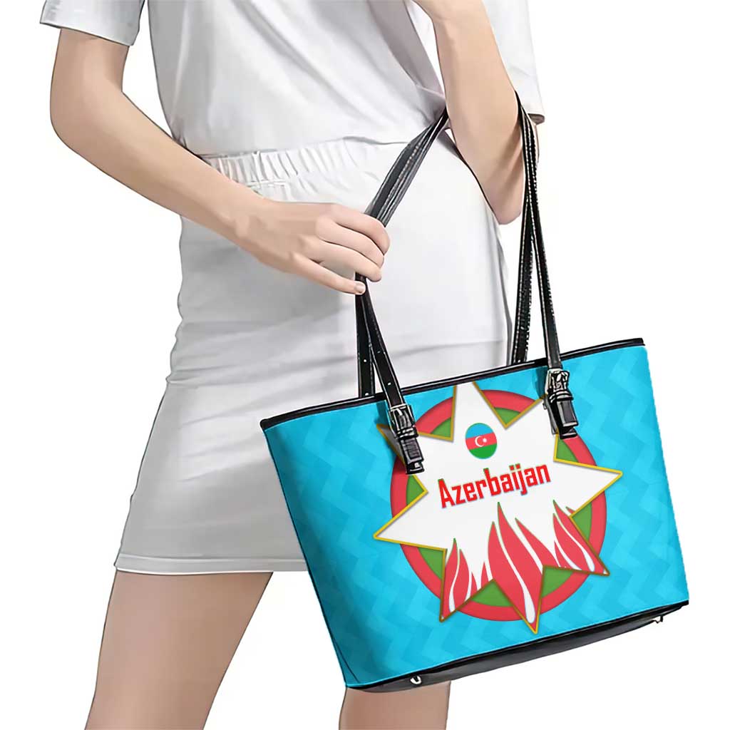 Azerbaijan National Emblem Leather Tote Bag with Star and Flame Design in Sky Blue