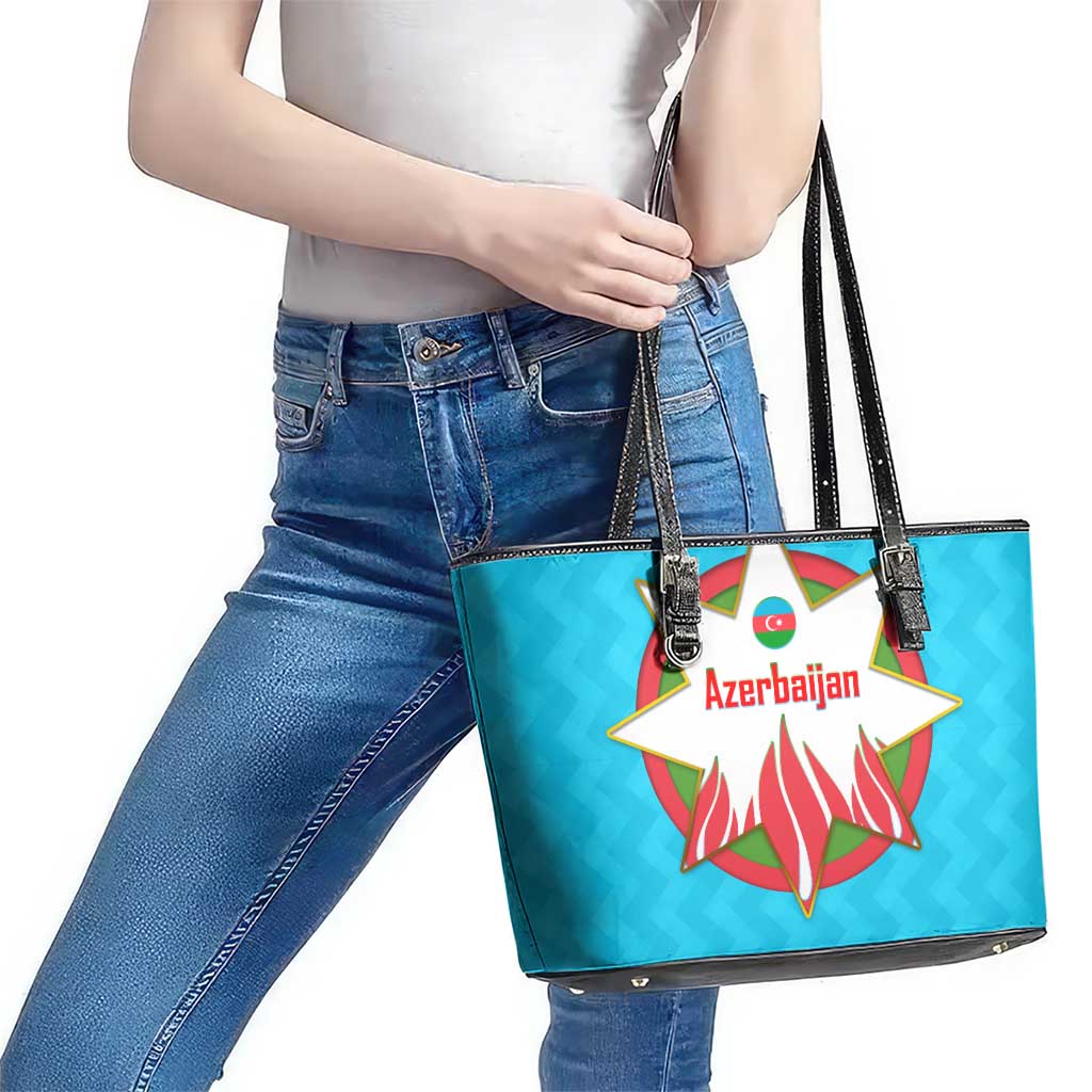 Azerbaijan National Emblem Leather Tote Bag with Star and Flame Design in Sky Blue