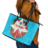 Azerbaijan National Emblem Leather Tote Bag with Star and Flame Design in Sky Blue