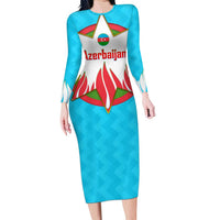 Azerbaijan National Emblem Long Sleeve Bodycon Dress with Star and Flame Design in Sky Blue