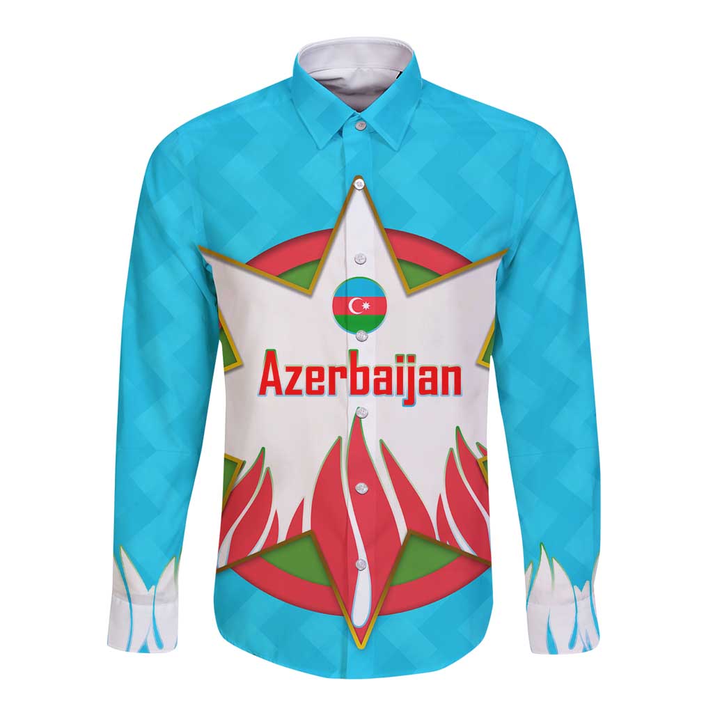 Azerbaijan National Emblem Long Sleeve Button Shirt with Star and Flame Design in Sky Blue