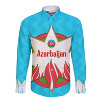 Azerbaijan National Emblem Long Sleeve Button Shirt with Star and Flame Design in Sky Blue
