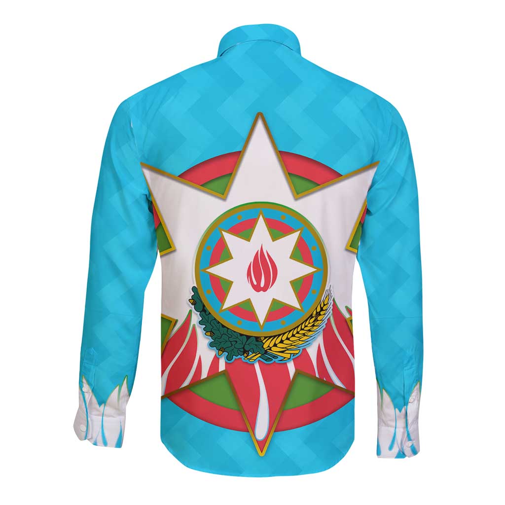 Azerbaijan National Emblem Long Sleeve Button Shirt with Star and Flame Design in Sky Blue