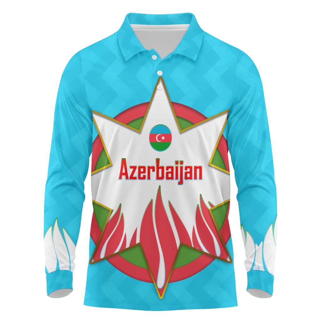 Azerbaijan National Emblem Long Sleeve Polo Shirt with Star and Flame Design in Sky Blue