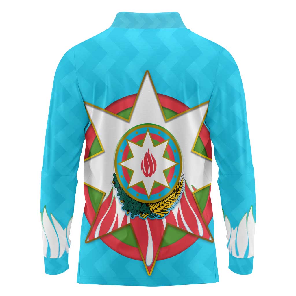 Azerbaijan National Emblem Long Sleeve Polo Shirt with Star and Flame Design in Sky Blue