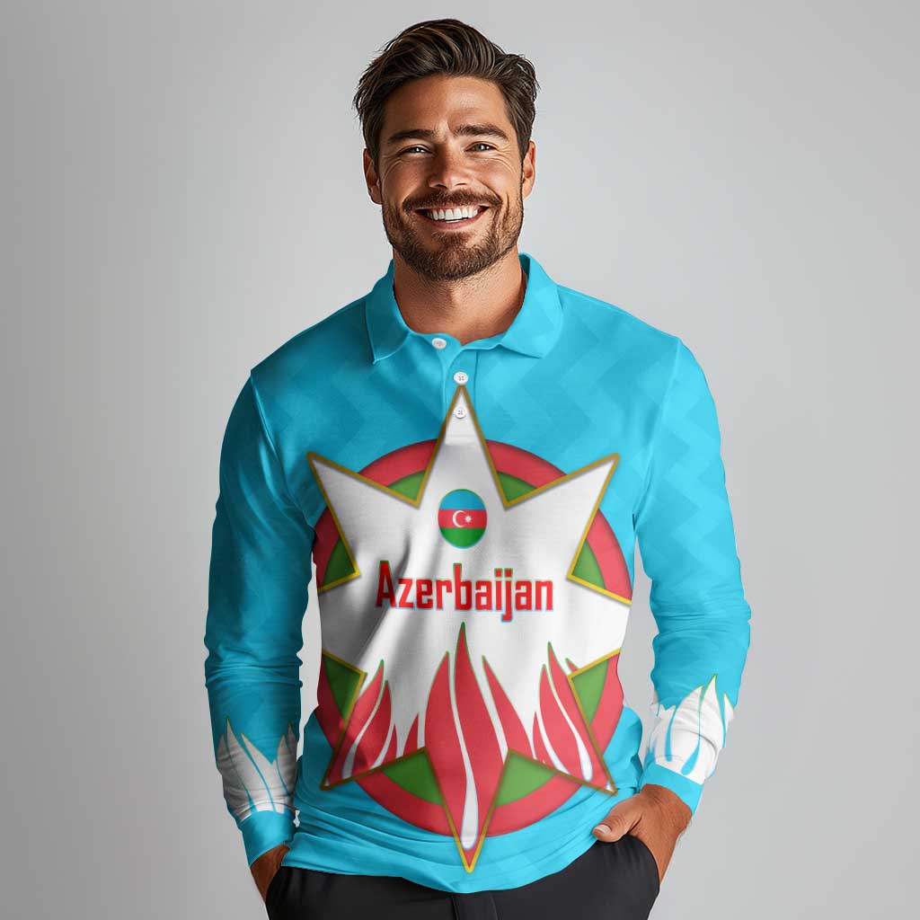 Azerbaijan National Emblem Long Sleeve Polo Shirt with Star and Flame Design in Sky Blue