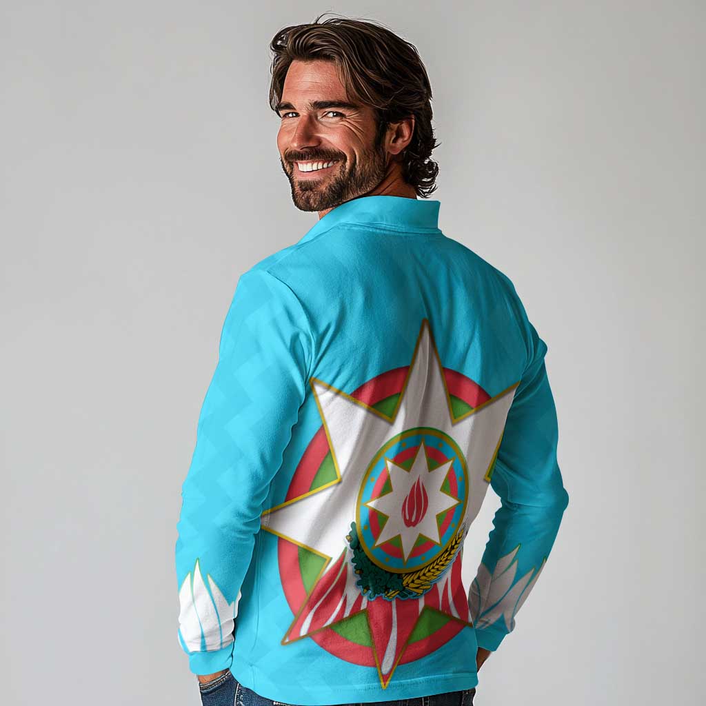 Azerbaijan National Emblem Long Sleeve Polo Shirt with Star and Flame Design in Sky Blue