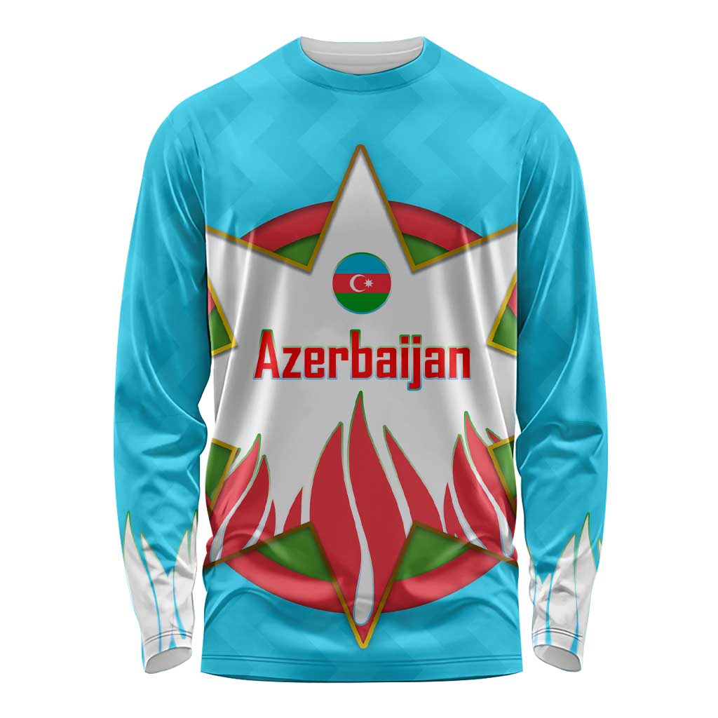 Azerbaijan National Emblem Long Sleeve Shirt with Star and Flame Design in Sky Blue
