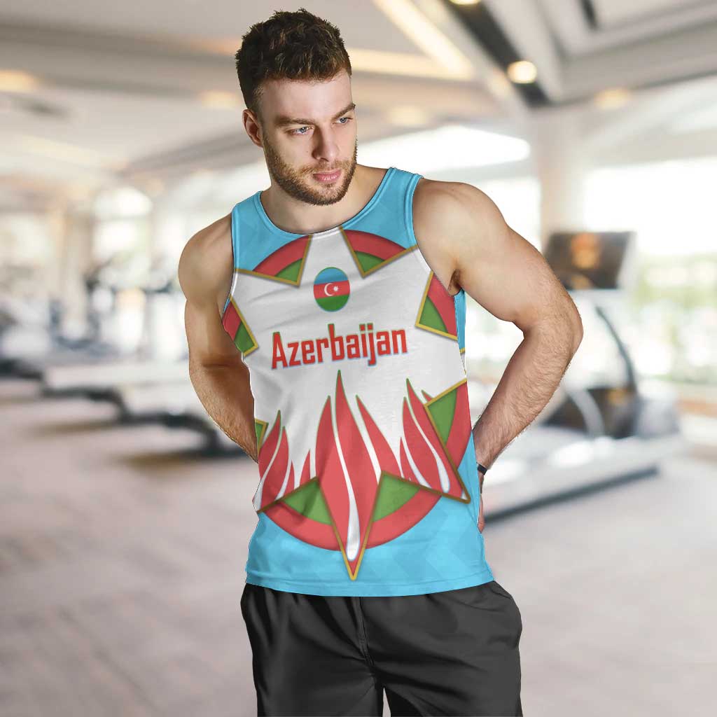Azerbaijan National Emblem Men Tank Top with Star and Flame Design in Sky Blue