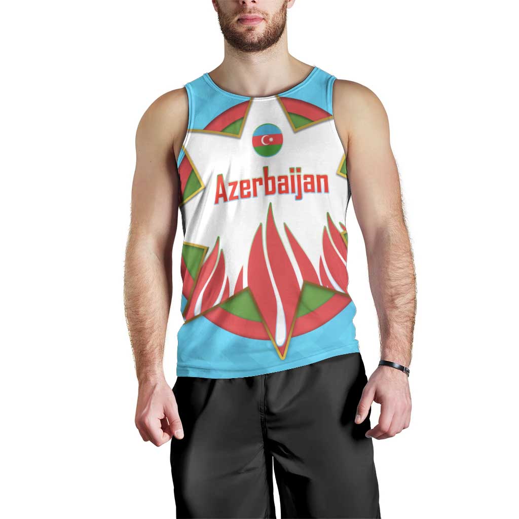 Azerbaijan National Emblem Men Tank Top with Star and Flame Design in Sky Blue