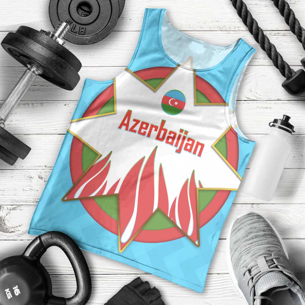 Azerbaijan National Emblem Men Tank Top with Star and Flame Design in Sky Blue