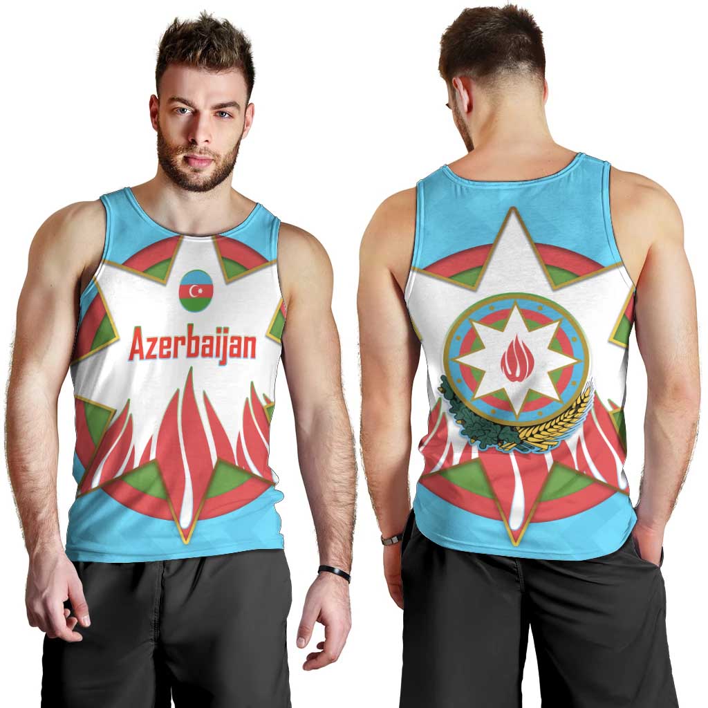 Azerbaijan National Emblem Men Tank Top with Star and Flame Design in Sky Blue