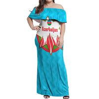 Azerbaijan National Emblem Off Shoulder Maxi Dress with Star and Flame Design in Sky Blue