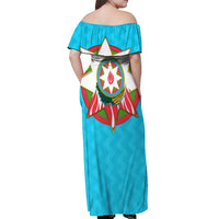 Azerbaijan National Emblem Off Shoulder Maxi Dress with Star and Flame Design in Sky Blue