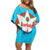 Azerbaijan National Emblem Off Shoulder Short Dress with Star and Flame Design in Sky Blue