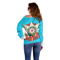 Azerbaijan National Emblem Off Shoulder Sweater with Star and Flame Design in Sky Blue