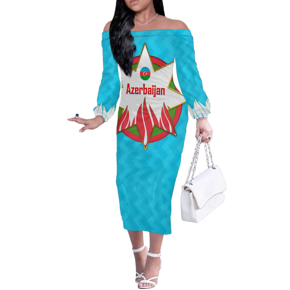 Azerbaijan National Emblem Off The Shoulder Long Sleeve Dress with Star and Flame Design in Sky Blue