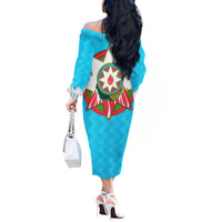 Azerbaijan National Emblem Off The Shoulder Long Sleeve Dress with Star and Flame Design in Sky Blue