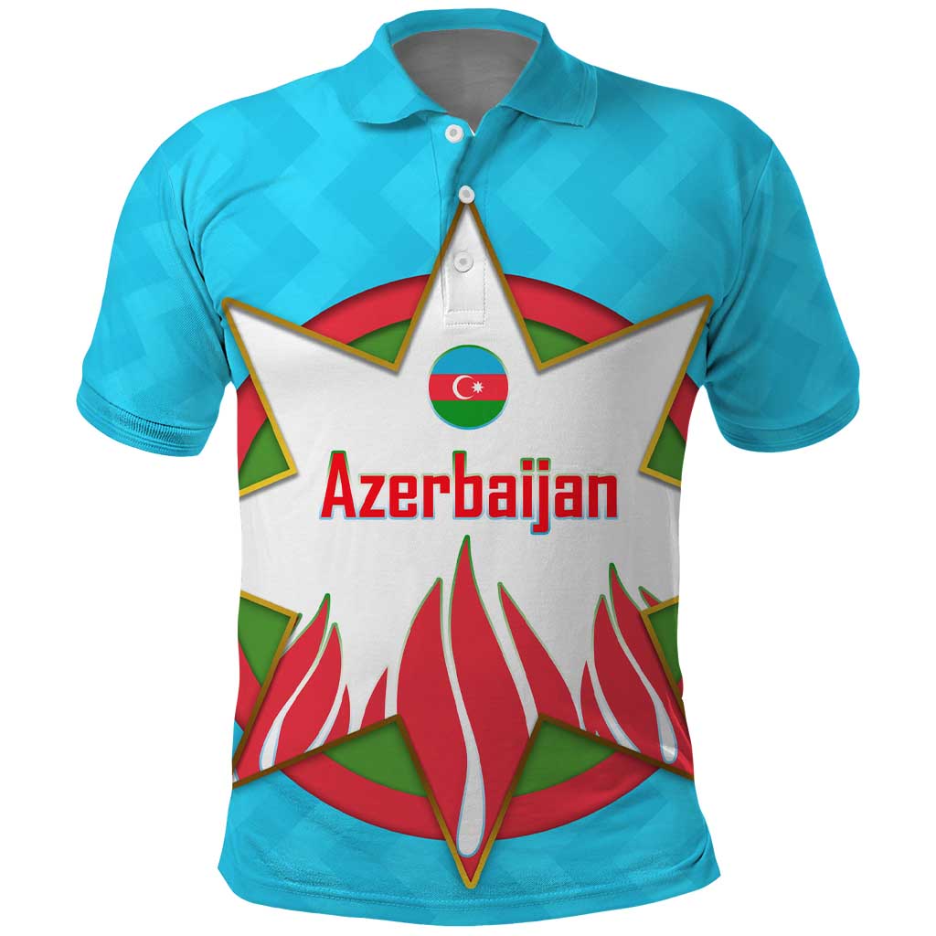 Azerbaijan National Emblem Polo Shirt with Star and Flame Design in Sky Blue
