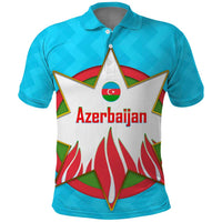 Azerbaijan National Emblem Polo Shirt with Star and Flame Design in Sky Blue