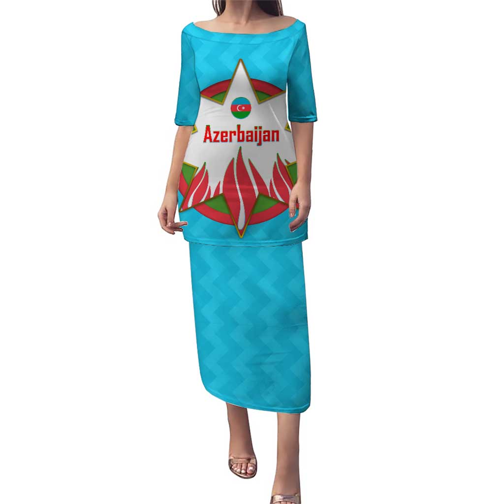 Azerbaijan National Emblem Puletasi with Star and Flame Design in Sky Blue