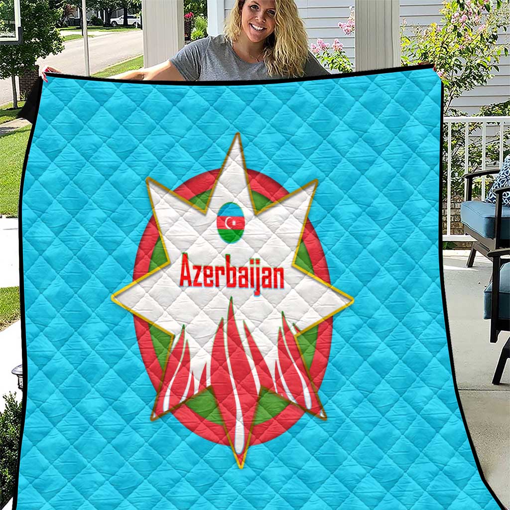 Azerbaijan National Emblem Quilt with Star and Flame Design in Sky Blue