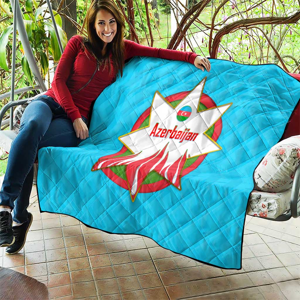Azerbaijan National Emblem Quilt with Star and Flame Design in Sky Blue