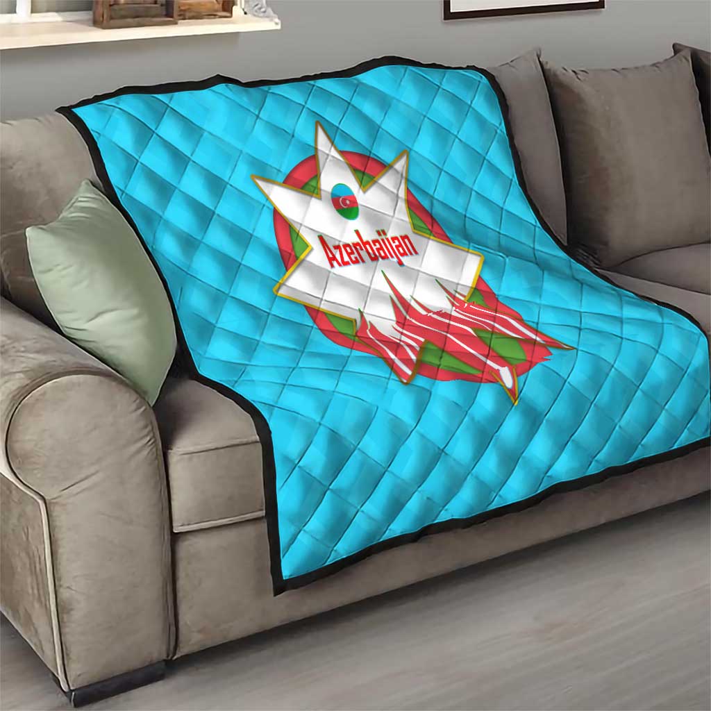 Azerbaijan National Emblem Quilt with Star and Flame Design in Sky Blue