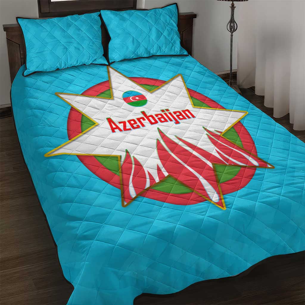 Azerbaijan National Emblem Quilt Bed Set with Star and Flame Design in Sky Blue