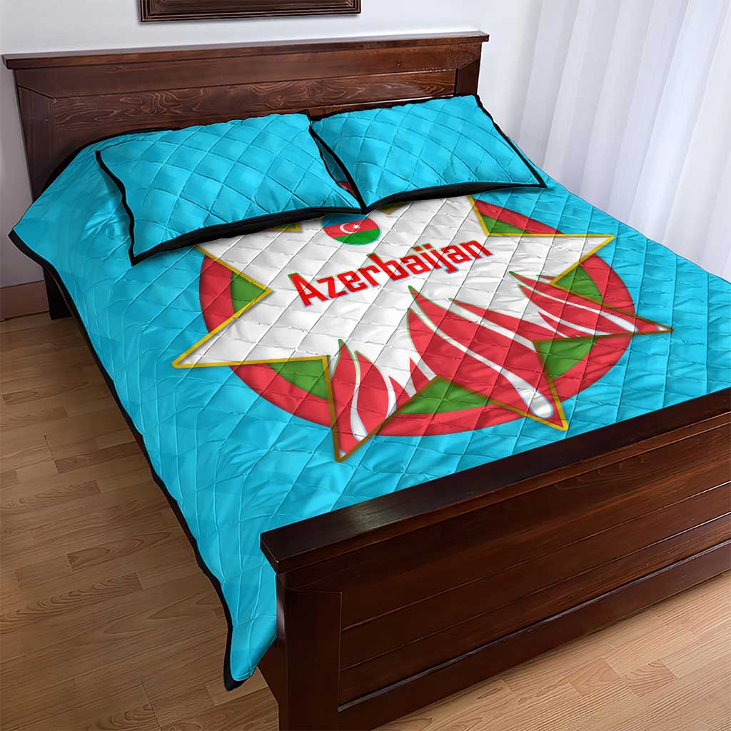 Azerbaijan National Emblem Quilt Bed Set with Star and Flame Design in Sky Blue