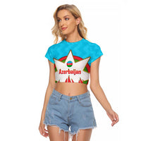 Azerbaijan National Emblem Raglan Cropped T Shirt with Star and Flame Design in Sky Blue