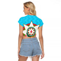 Azerbaijan National Emblem Raglan Cropped T Shirt with Star and Flame Design in Sky Blue