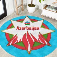 Azerbaijan National Emblem Round Carpet with Star and Flame Design in Sky Blue
