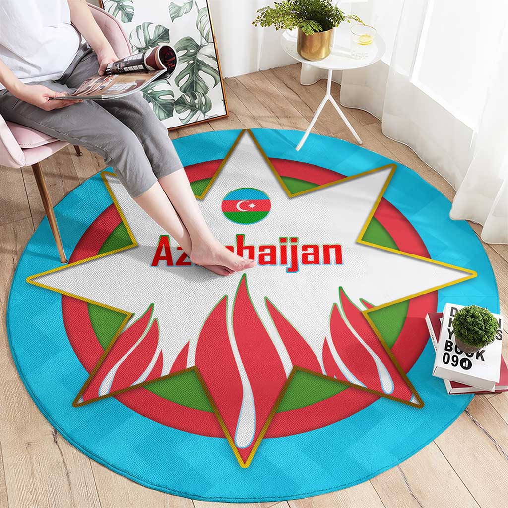 Azerbaijan National Emblem Round Carpet with Star and Flame Design in Sky Blue