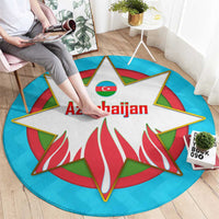 Azerbaijan National Emblem Round Carpet with Star and Flame Design in Sky Blue