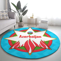 Azerbaijan National Emblem Round Carpet with Star and Flame Design in Sky Blue