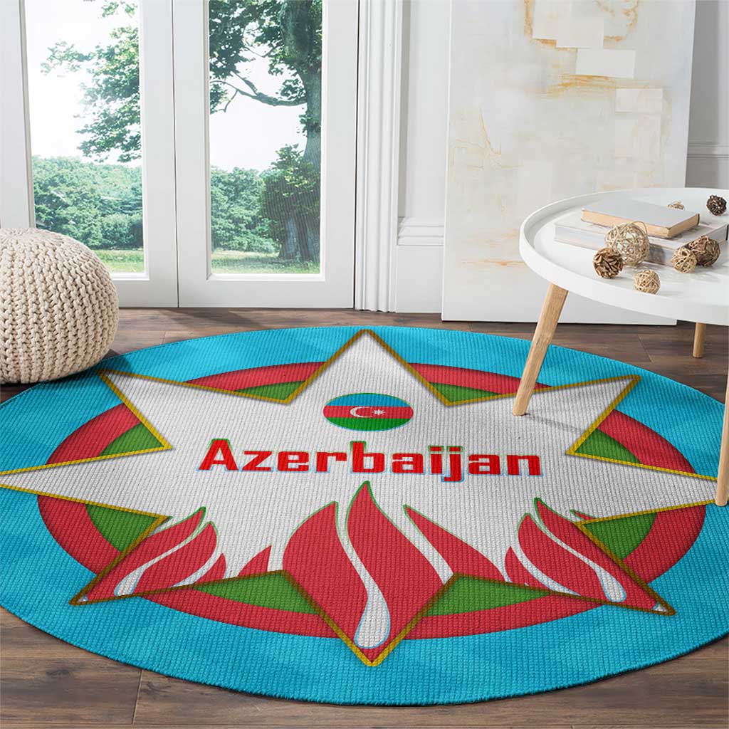 Azerbaijan National Emblem Round Carpet with Star and Flame Design in Sky Blue