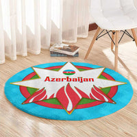 Azerbaijan National Emblem Round Carpet with Star and Flame Design in Sky Blue