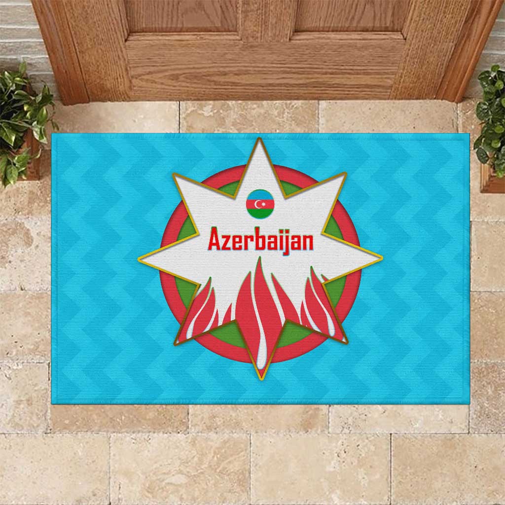 Azerbaijan National Emblem Rubber Doormat with Star and Flame Design in Sky Blue