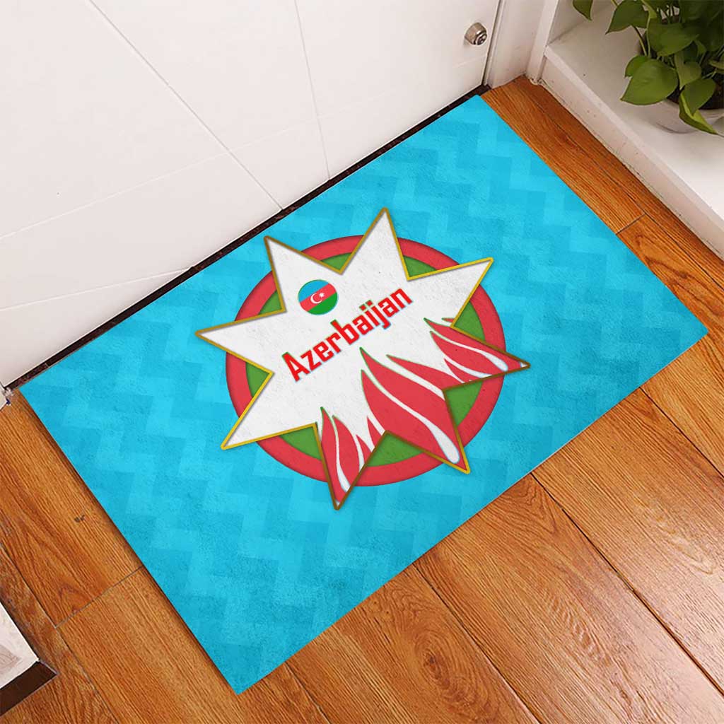 Azerbaijan National Emblem Rubber Doormat with Star and Flame Design in Sky Blue