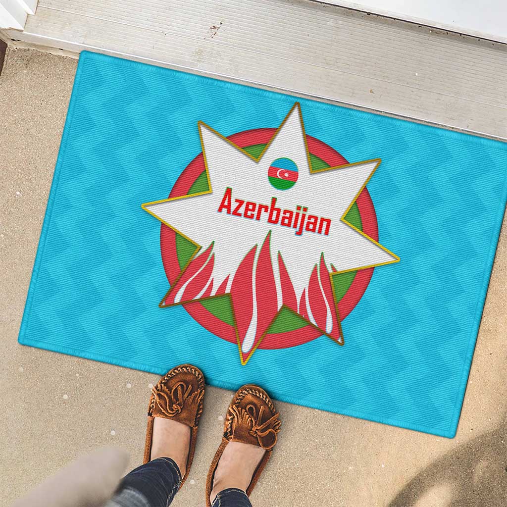 Azerbaijan National Emblem Rubber Doormat with Star and Flame Design in Sky Blue